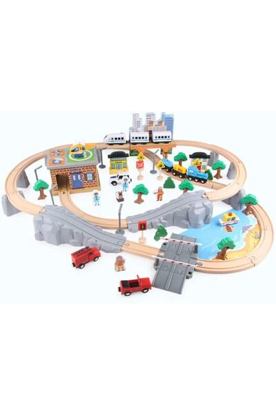 sallma Set mare de șine de tren din lemn cu locomotivă electrică și multe detalii de joacă despre oraș, 95 de piese