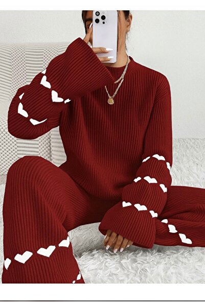 hiraz fashion Women's Burgundy Heart-Detail Double Knitwear Set