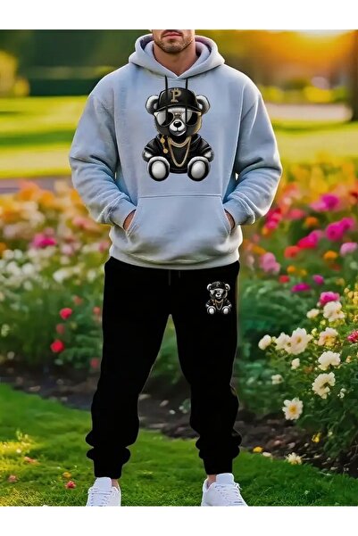 Massgai Unisex P Bear Printed Hooded Oversized Bottom-Top Set Cotton Tracksuit Set