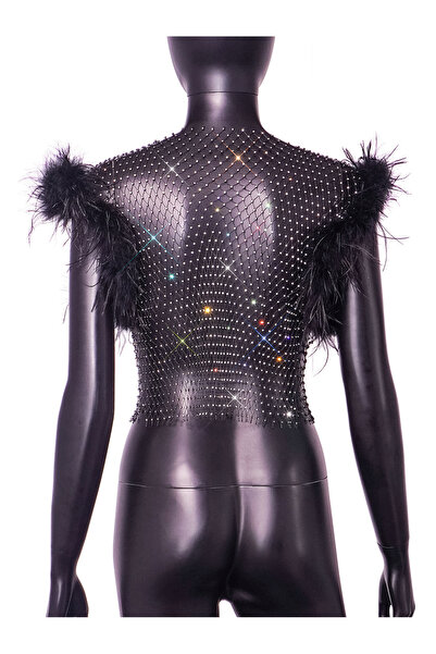 Veille Sparkly Mesh Detailed Strapless Crop & Stone Embellished Party Model & Sleeve Feathered Stone Transparent Night Crop