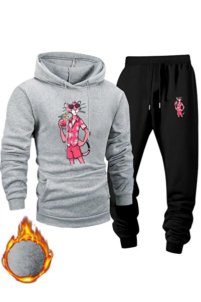 Massgai Unisex Pink Panther Printed Hooded Oversized Bottom-Top Set Jogger Cotton Tracksuit Set