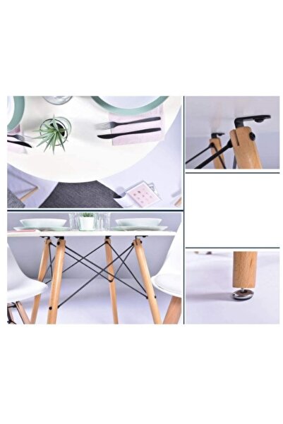 AWF AL WADI FURNITURE Tealo Mid Century Modern Round Eames Dining Table Metal Under Table Base Wooden Legs White and Beige