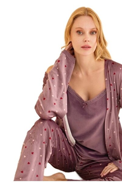 bipamuk Premium Velvet Fabric Covered Dressing Gown Women's Pajama Set Soft Textured S–2Xl