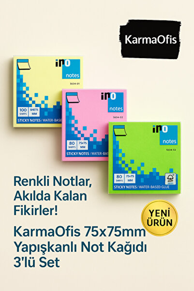 KarmaOfis 75X75Mm Adhesive Note Paper Set of 3 (Pastel Yellow, Pink, Green)