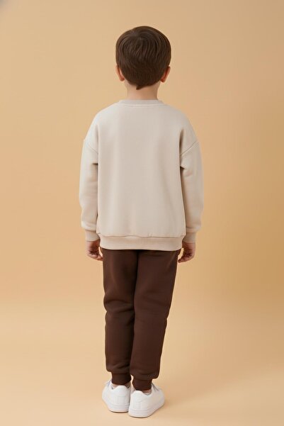 Perendi Boy's Teddy Bear Applique Sweatshirt and Sweatpants Winter Set with Fleece Lining – Stone