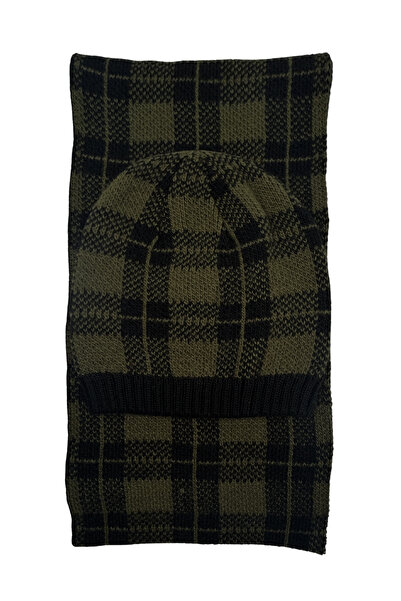 Sofist İstanbul Khaki & Black Plaid Knitted Unisex Scarf & Beanie Set Long Soft Checkered Scarf and Beanie Set