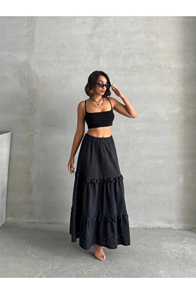 ZENGEZUR MALL Lvsqvr Ruffled Brocade Lined Long Skirt Black S255047 (231204) (Size: S)