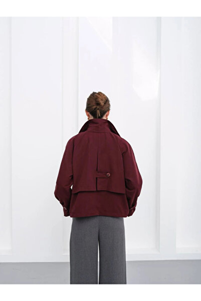 Lusin Women's Double Button Detailed Double-Breasted Collar Lined Short Premium Quality Trench Coat Jacket