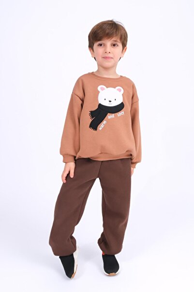 Perendi Boy's Teddy Bear Appliqué Sweatshirt and Sweatpants Winter Set with Fleece Lining – Brown