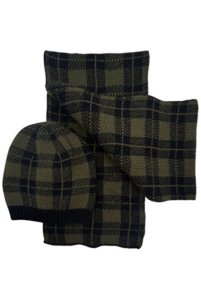 Sofist İstanbul Khaki & Black Plaid Knitted Unisex Scarf & Beanie Set Long Soft Checkered Scarf and Beanie Set