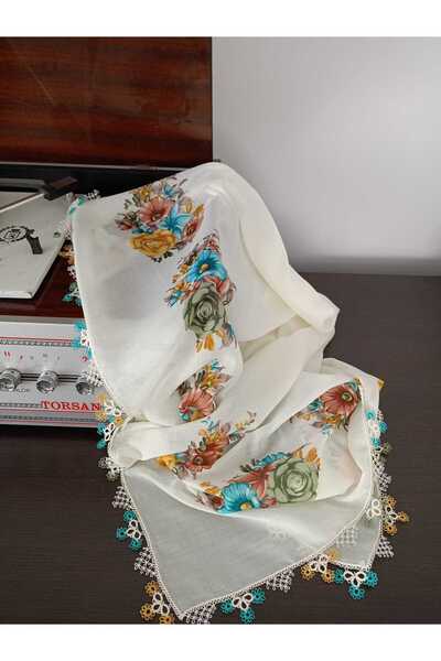 İyisini İstersen Handmade Edge Single Shawl and Needle Embroidery Cream Color Writing Shawl