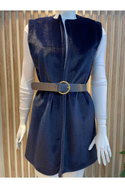 misselis KADIN LACİVERT PELUŞ YELEK KEMER DETAYLI
