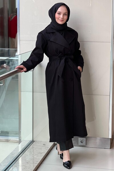 Nuss 6023 Double-Breasted Collar Belted Slit Full Length Trench Coat