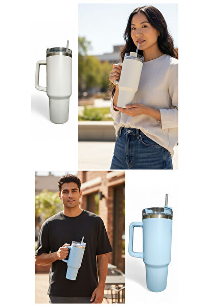 Smart 2 Pieces Stainless Steel Insulated Tumbler Water, Iced Tea or Coffee,1200ml Biege and Blue