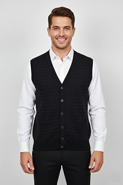 Triko Nehir Men's Buttoned Vest with Pockets Steel Knit Classic Fit Bgl-St04836