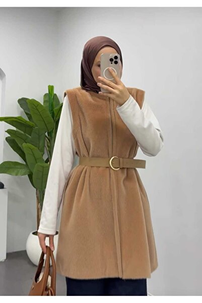 misselis KADIN CAMEL PELUŞ YELEK KEMER DETAYLI