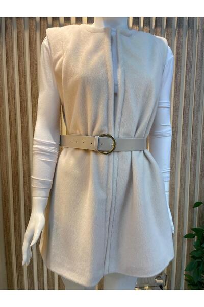 misselis KADIN KREM PELUŞ YELEK KEMER DETAYLI