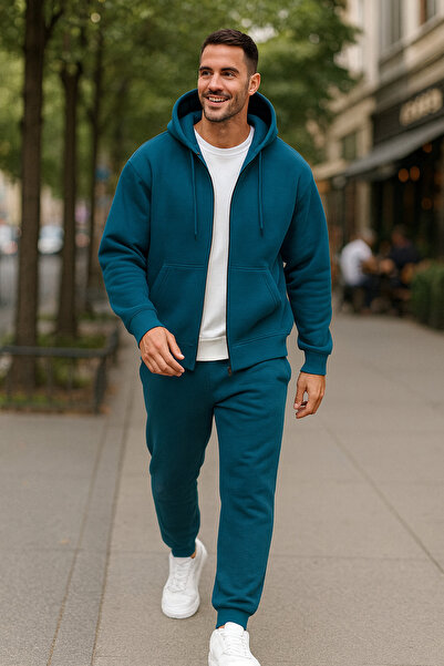 tetramoda Three Thread Compact Hooded Cotton Inside Cardigan and Sweatpants 2-Piece Set