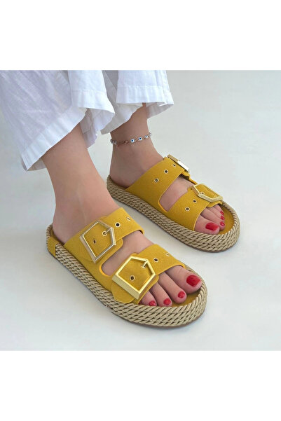 ZENGEZUR MALL Lvsqvr Loera Yellow Nubuck Double Buckle Slippers (230119) (Size: 37)