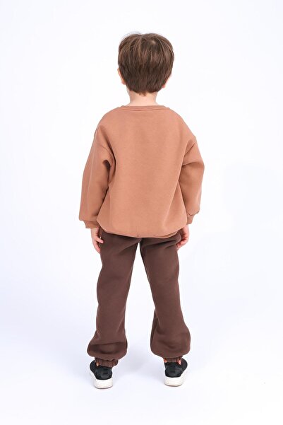 Perendi Boy's Teddy Bear Appliqué Sweatshirt and Sweatpants Winter Set with Fleece Lining – Brown