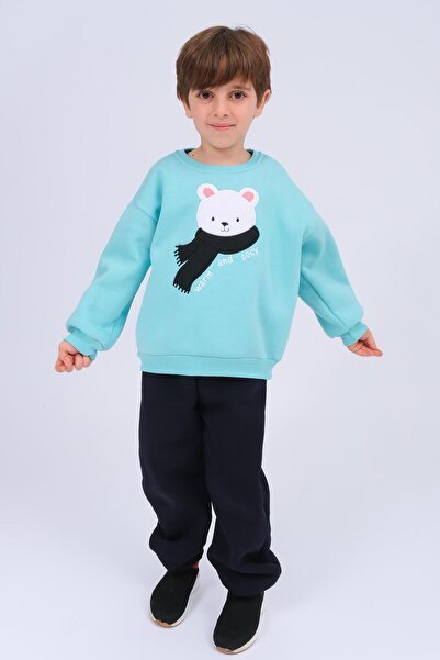 Perendi Boy's Teddy Bear Appliqué Sweatshirt and Sweatpants Winter Set with Fleece Lining – Blue