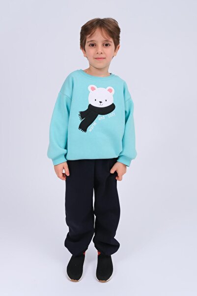 Perendi Boy's Teddy Bear Appliqué Sweatshirt and Sweatpants Winter Set with Fleece Lining – Blue