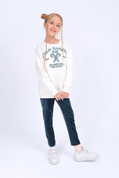 Perendi Girl's Winter Set with Embroidery Detail Sweatshirt and Velvet Leggings with Fleece Lining