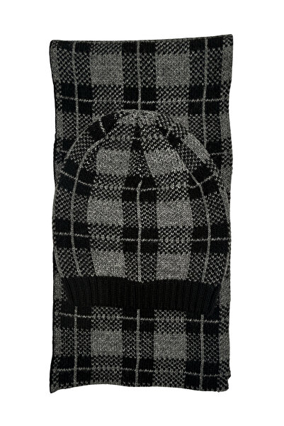 Sofist İstanbul Gray & Black Plaid Knitted Unisex Scarf & Beanie Set Long Soft Checkered Scarf and Beanie Set