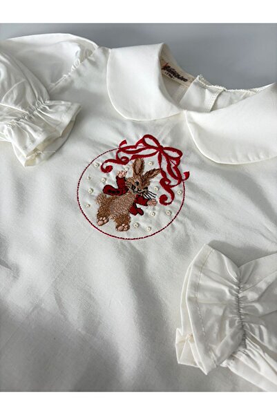 il mio bambino Handmade 100% Cotton Baby Girl Christmas Rabbit Embroidered Shirt - Long Sleeve