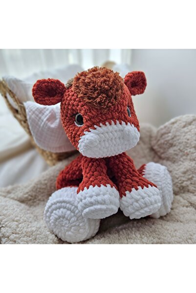 Mayhandmade İnek yenidoğan bebek ve çocuk uyku ve oyun arkadaşı amigurumi örgü boğa pelüş oyuncak