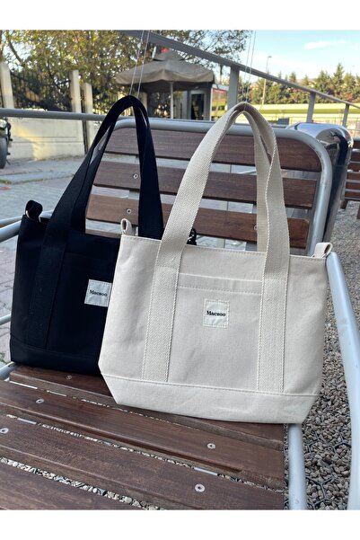 macsoo 2-Piece Black Cream Canvas Snap Bag with Adjustable Crossbody Strap Women's Hand and Shoulder Bag