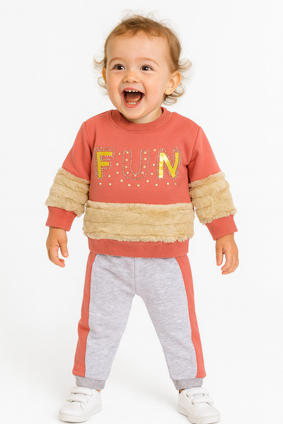 Mika Bebek & Çocuk Tile Colored Fur and Pearl Baby Girl 2 Thread Sweat Set
