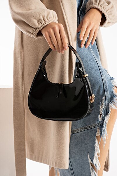 MY VİNTAGE Cerry Stylish Designed Shiny Patent Leather Baguette Bag