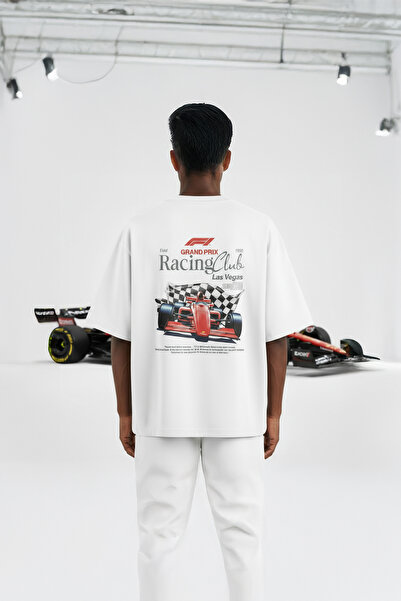 Overoz Formula 1 Grand Prix Las Vegas Racing Club Back Printed Semi Oversized White Tshirt 1412