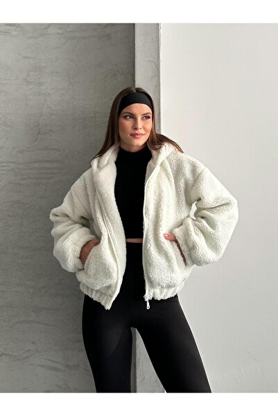 FERZOLAİO Hooded Teddy White Plush Coat