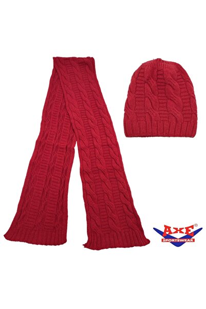 AXE SPORTSWEAR Winter Soft Textured Wool Hair Knitting Pattern Thick Knitwear Tuşe Scarf and Beanie 2-Piece Set
