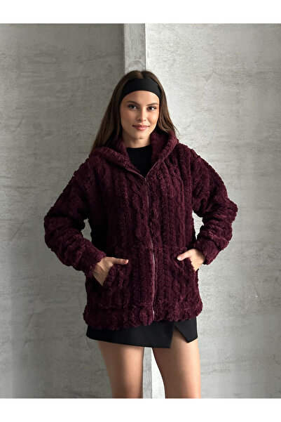 FERZOLAİO Knitted Detail Hooded Zippered Burgundy Plush Cardigan