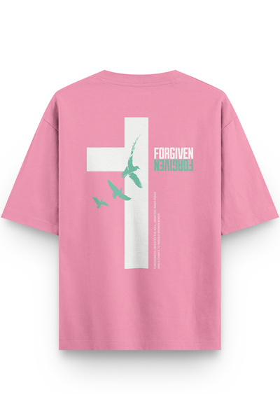 Overoz Forgiven Sırt Printed Yarı Oversized Pink Tshirt 1411
