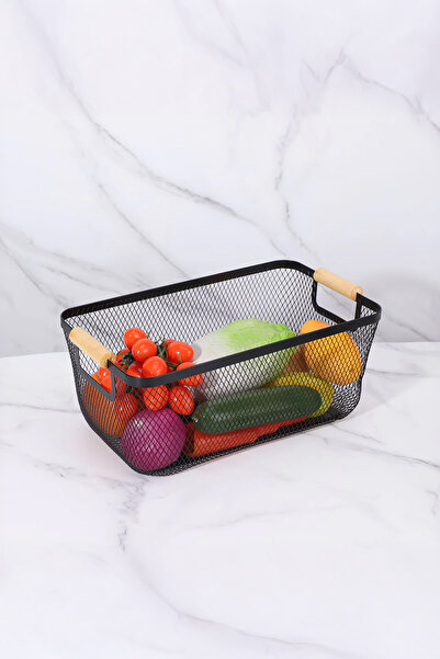 Vadi منظم سلة معدنية مستطيلة كبيرة الحجم بمقبض خشبي أسود لتنظيم المطبخ والحمام داخل الخزانة