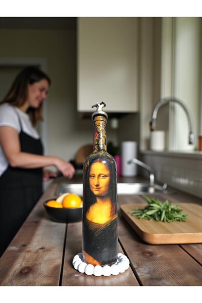 Mes Reves Handmade Mona Lisa Patterned 750ml Glass Oil Pot, Sauce Bowl, Serving Bowl, Kitchen Decoration