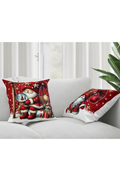 Şah Dekor Christmas Themed Red Background Dwarf Patterned Set of 2 Digital Printed Gift Pillow Cushion Cover Set