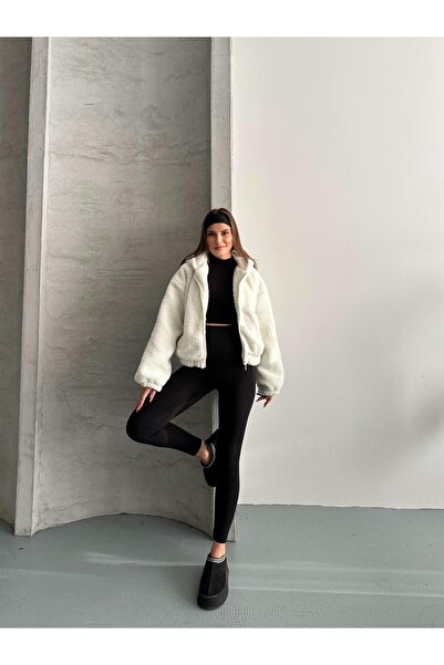 FERZOLAİO Hooded Teddy White Plush Coat