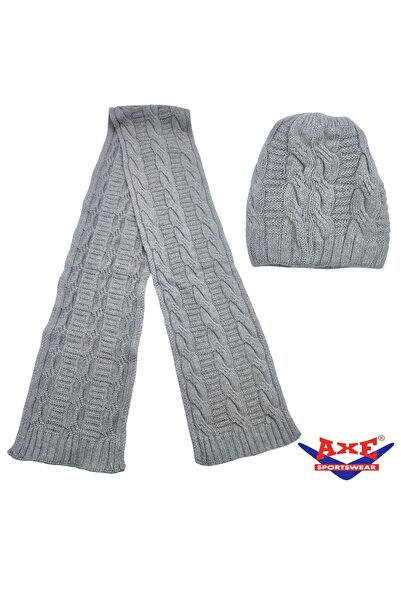 AXE SPORTSWEAR Winter Soft Textured Wool Hair Knitting Pattern Thick Knitwear Tuşe Scarf and Beanie 2-Piece Set