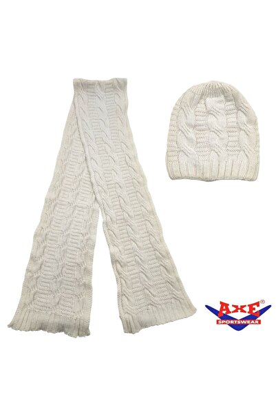 AXE SPORTSWEAR Winter Soft Textured Wool Hair Knitting Pattern Thick Knitwear Tuşe Scarf and Beanie 2-Piece Set
