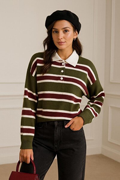Cherry Butik Polo Neck Buttoned Striped Loose Knit Sweater