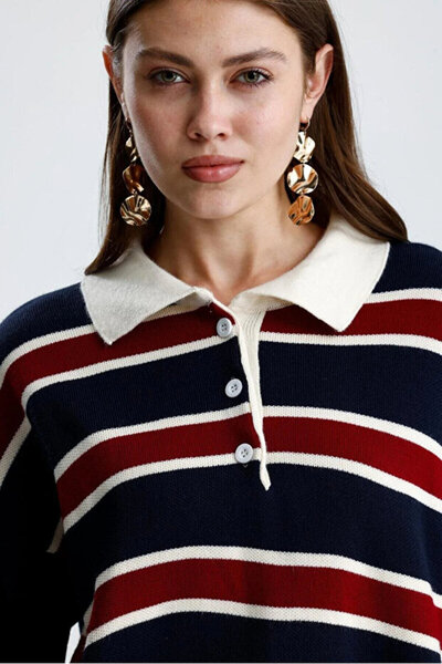 Cherry Butik Pulover tricotat lejer cu guler polo și dungi, cu nasturi