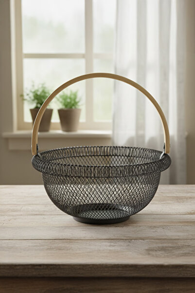 Vadi سلة معدنية مستديرة بمقبض خشبي أسود لتقديم الفاكهة، للديكور والتنظيم