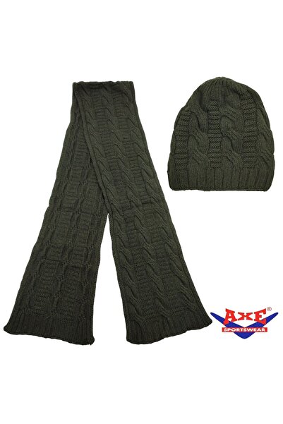 AXE SPORTSWEAR Winter Soft Textured Wool Hair Knitting Pattern Thick Knitwear Tuşe Scarf and Beanie 2-Piece Set