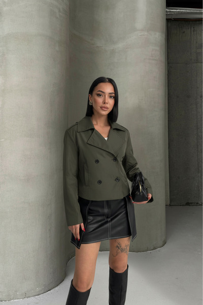 ALFUDO Moda Collection Basic Buttoned Double-Breasted Collar Khaki Trench Coat