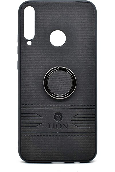 Lion Luxury Leather Back Cover With Holder For Huawei Y7P (Black)